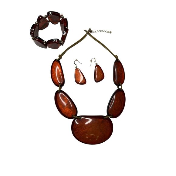 Fashion Plastic Bronze Metallic Necklace, Bracelet, Earrings Set. - Picture 1 of 4